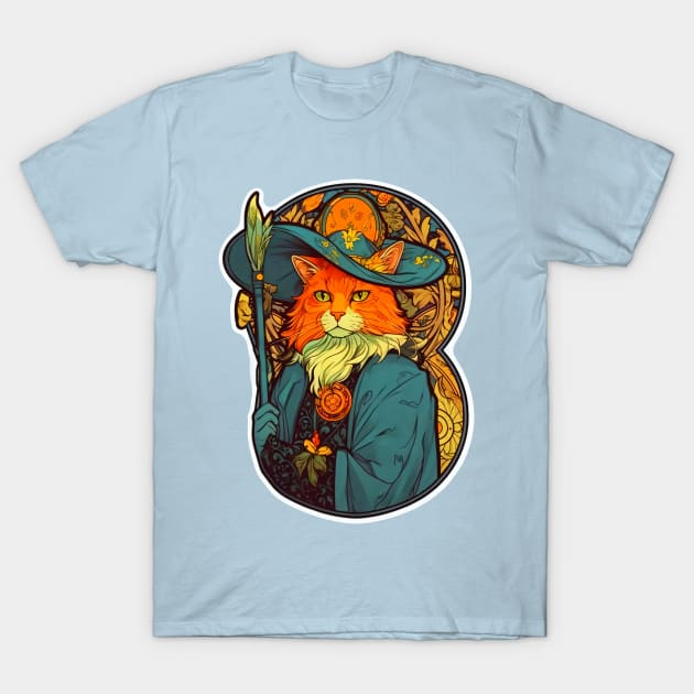 Art Nouveau Sorcerer Cat Wizard T-Shirt by entwithanaxe